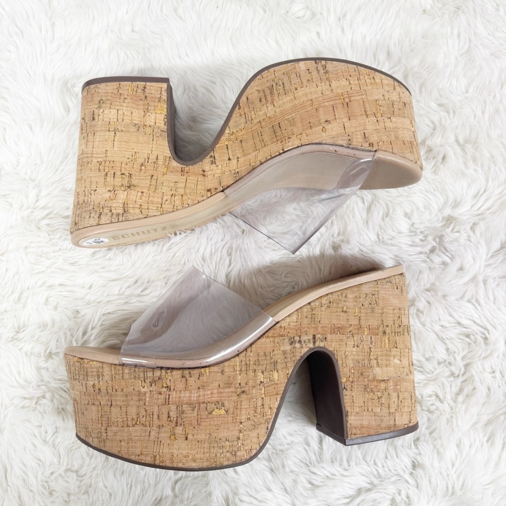 SCHUTZ Dalle Clear Cork Platform Sandal Size 10.5 Chunky Heel Peep Toe Y2K - Picture 5 of 11